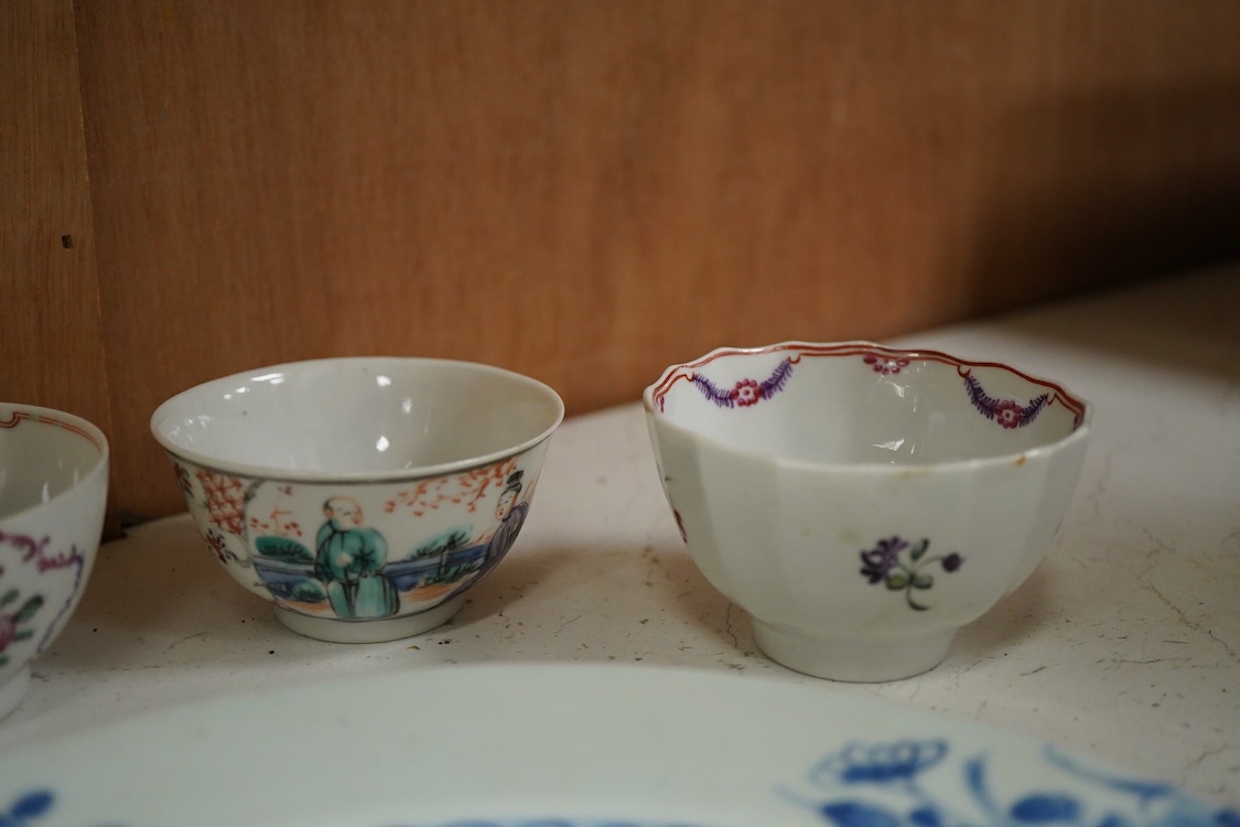 Four 18th century Chinese export blue and white dishes, four tea bowls and a Delft dish